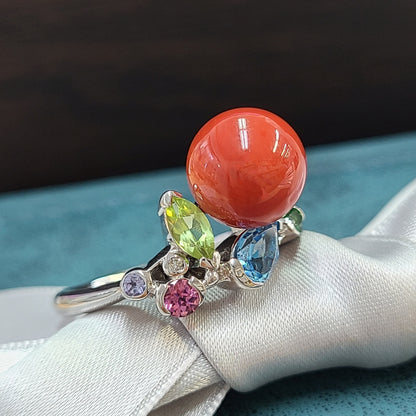 Vibrant Coral Colored Stone Diamond K18 WG White Gold Multicolor Ring Ring March Birthstone with Certificate of Authenticity