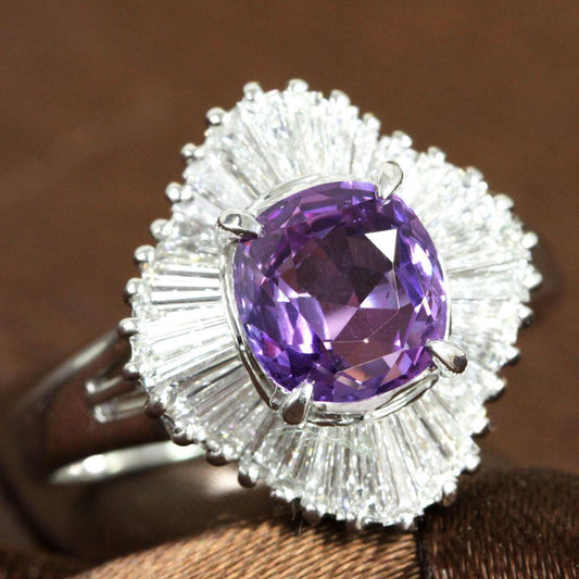 稀有的！未加熱的1.8CT天然紫色藍寶石鑽石PT900白金環9月誕生石[差異]