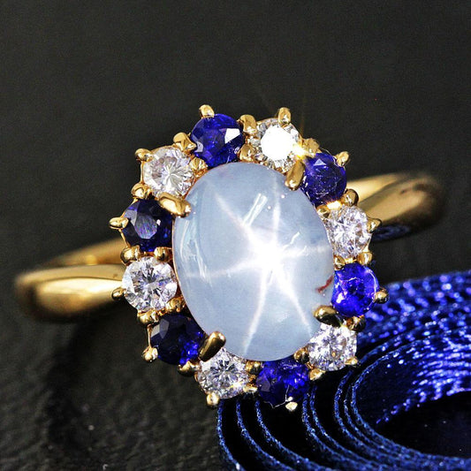 Unheated 3.34ct Natural Star Sapphire Diamond K18 YG Yellow Gold 18k Gold No-Heat Sapphire Ring Ring September Birthstone with Certificate