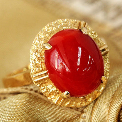 Ultra rare blood red coral 12mm x 10mm K18 YG yellow gold 18k gold coral ring ring March birthstone with certificate