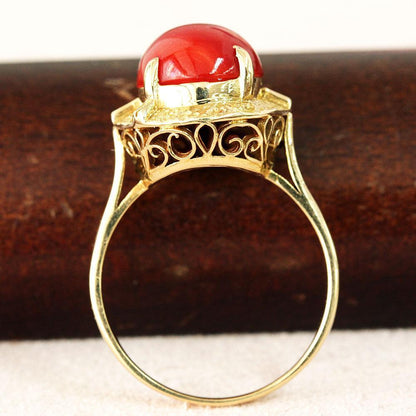Ultra rare blood red coral 12mm x 10mm K18 YG yellow gold 18k gold coral ring ring March birthstone with certificate