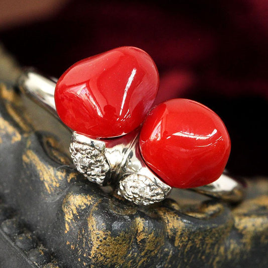 Rare blood red coral, diamond, platinum, Pt900, coral, ring, March birthstone (with certificate)