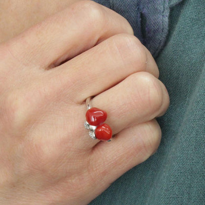 Rare blood red coral, diamond, platinum, Pt900, coral, ring, March birthstone (with certificate)