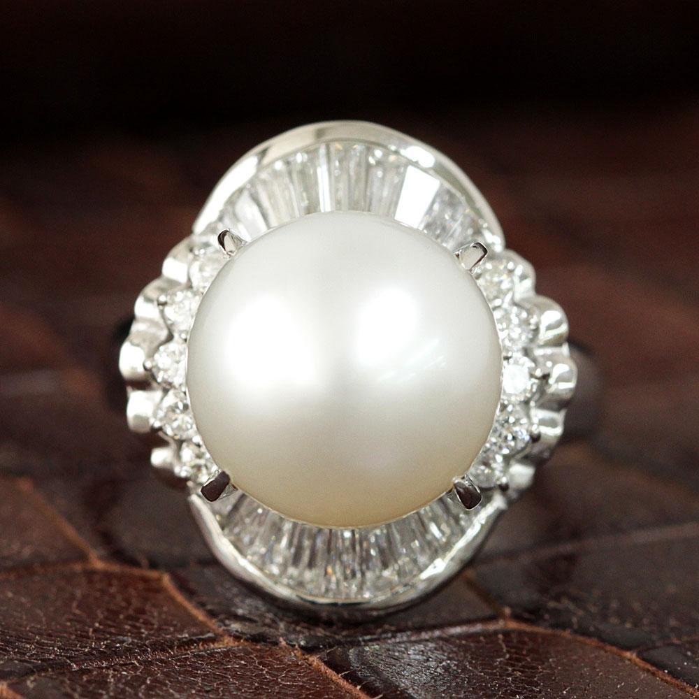 12mm South Sea Pearl, White Butterfly Pearl, Natural Diamond, Platinum, Pt900, Pearl Ring, June Birthstone (with certificate)