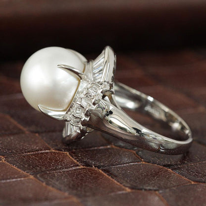 12毫米南海珍珠白蝴蝶珍珠天然鑽石白金PT900珍珠珍珠環六月誕生石[差異]
