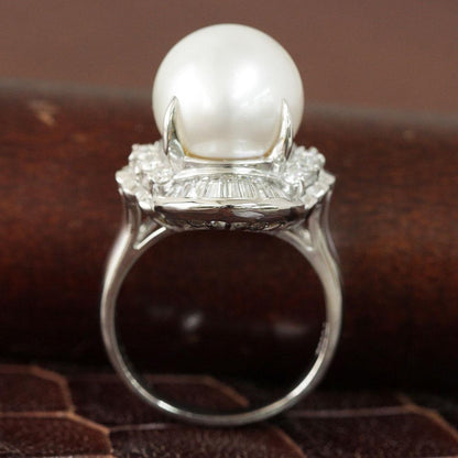 12mm South Sea Pearl, White Butterfly Pearl, Natural Diamond, Platinum, Pt900, Pearl Ring, June Birthstone (with certificate)