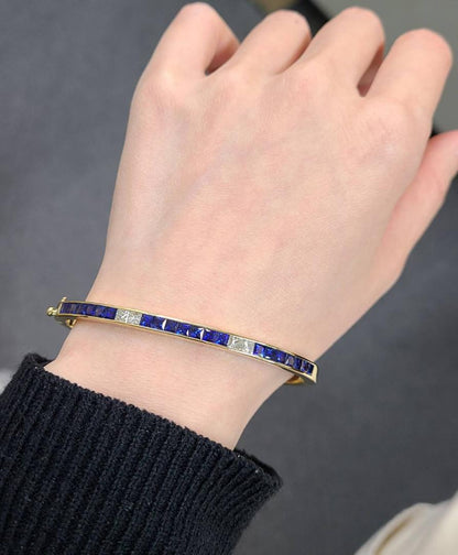 3.5ct 자연 사파이어 다이아몬드 K18 YG Yellow Gold Princess Cut Bracelet Bangle 18 Gold 9 월 Birthstone [차동]