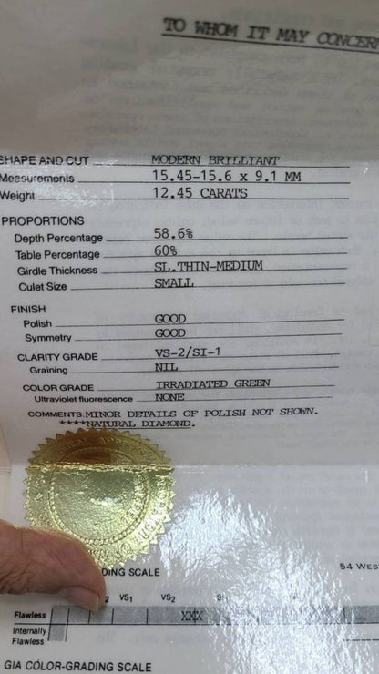 Super rare! Large grains 12.45ct vs IRRADIATED GREEN Natural Diamond loose 【grading report]