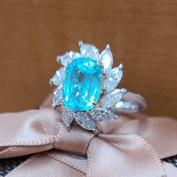 ブラジル産 ネオンブルー 2.7ct 天然 パライバトルマリン 1.3ct 天然 ダイヤモンド Pt900 プラチナ リング 指輪【中宝鑑別書付】