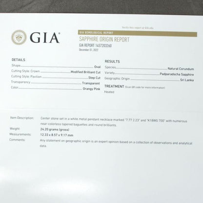 7.77ct Natural Papalachian Sapphire Natural Diamond K18 WG White Gold Pendant Tennis Necklace 18k Gold [GIA Certificate].