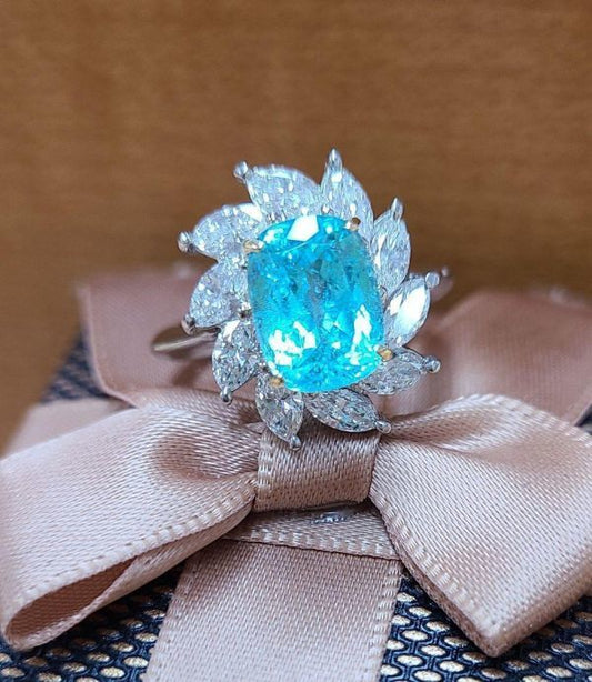 Brazilian Neon Blue 2.7ct Natural paraiba tourmaline 1.3ct Natural Diamond Pt900 Platinum Ring with Chuho Certificate of Authenticity